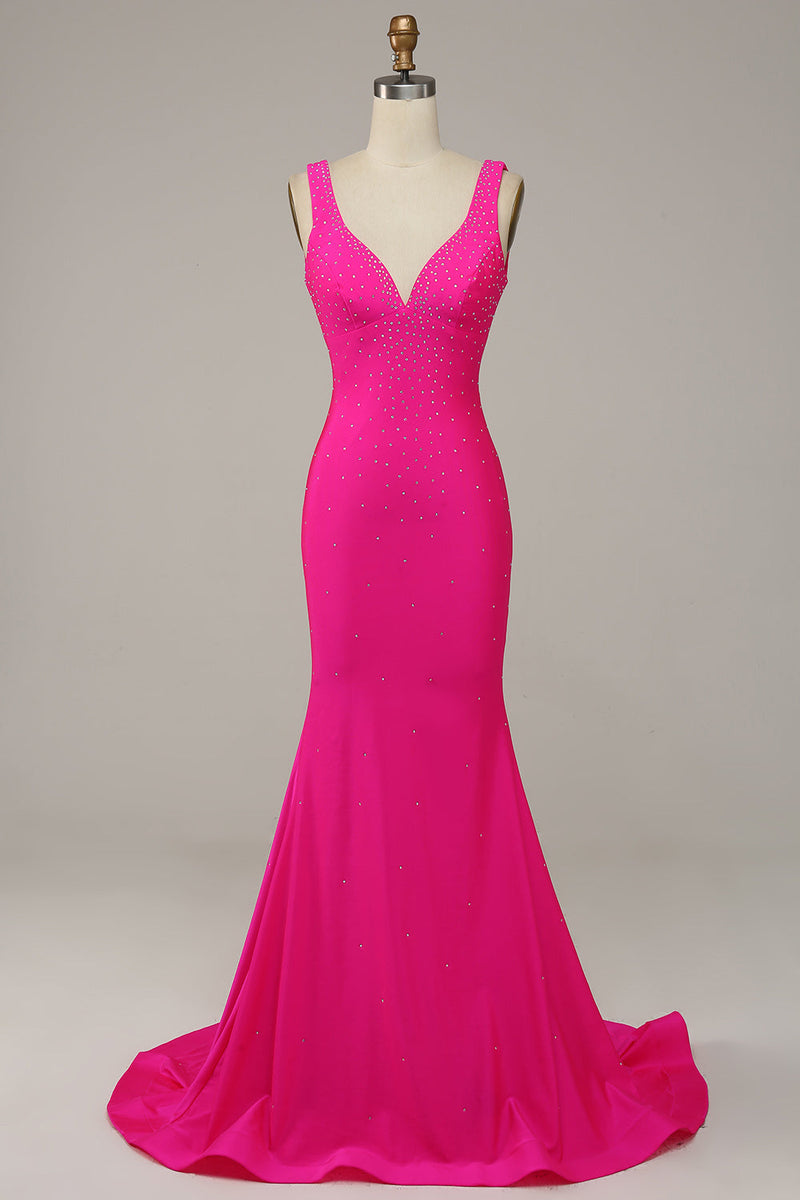 Load image into Gallery viewer, Mermaid V Neck Hot Pink Long Formal Dress with Beading