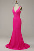 Load image into Gallery viewer, Mermaid V Neck Hot Pink Long Formal Dress with Beading