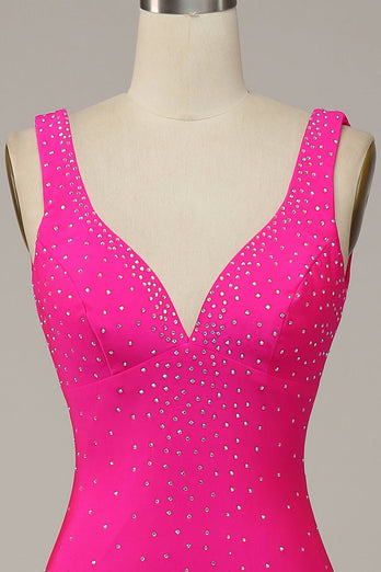 Mermaid V Neck Hot Pink Long Formal Dress with Beading