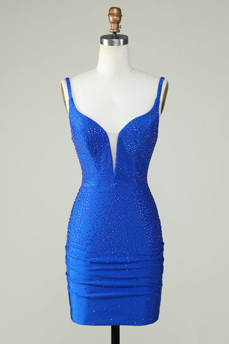 Bodycon Deep V Neck Royal Blue Short Formal Dress with Beading