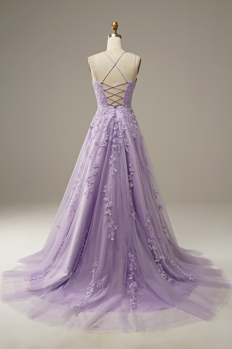 Load image into Gallery viewer, Appliques Purple Tulle Formal Dress