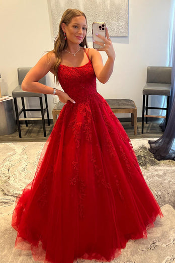 Red Spaghetti Straps Long Formal Dress with Appliques