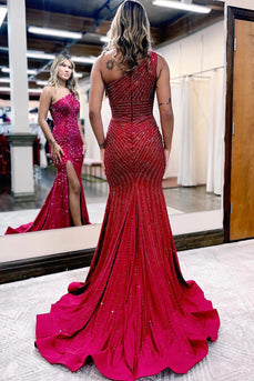 Sparkly Burgundy Beaded One Shoulder Long Formal Dress with Slit