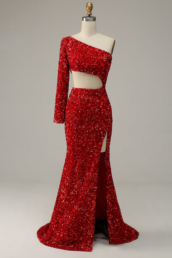 Sheath One Shoulder Red Sequins Long Formal Dress with Silt