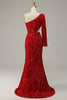 Load image into Gallery viewer, Sheath One Shoulder Red Sequins Long Formal Dress with Silt