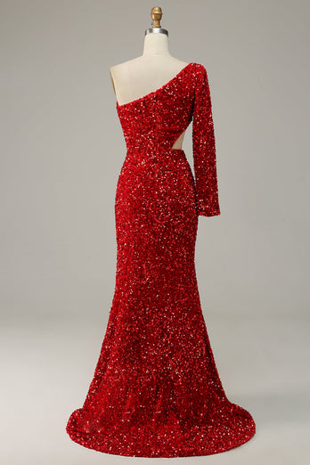 Sheath One Shoulder Red Sequins Long Formal Dress with Silt