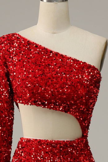 Sheath One Shoulder Red Sequins Long Formal Dress with Silt