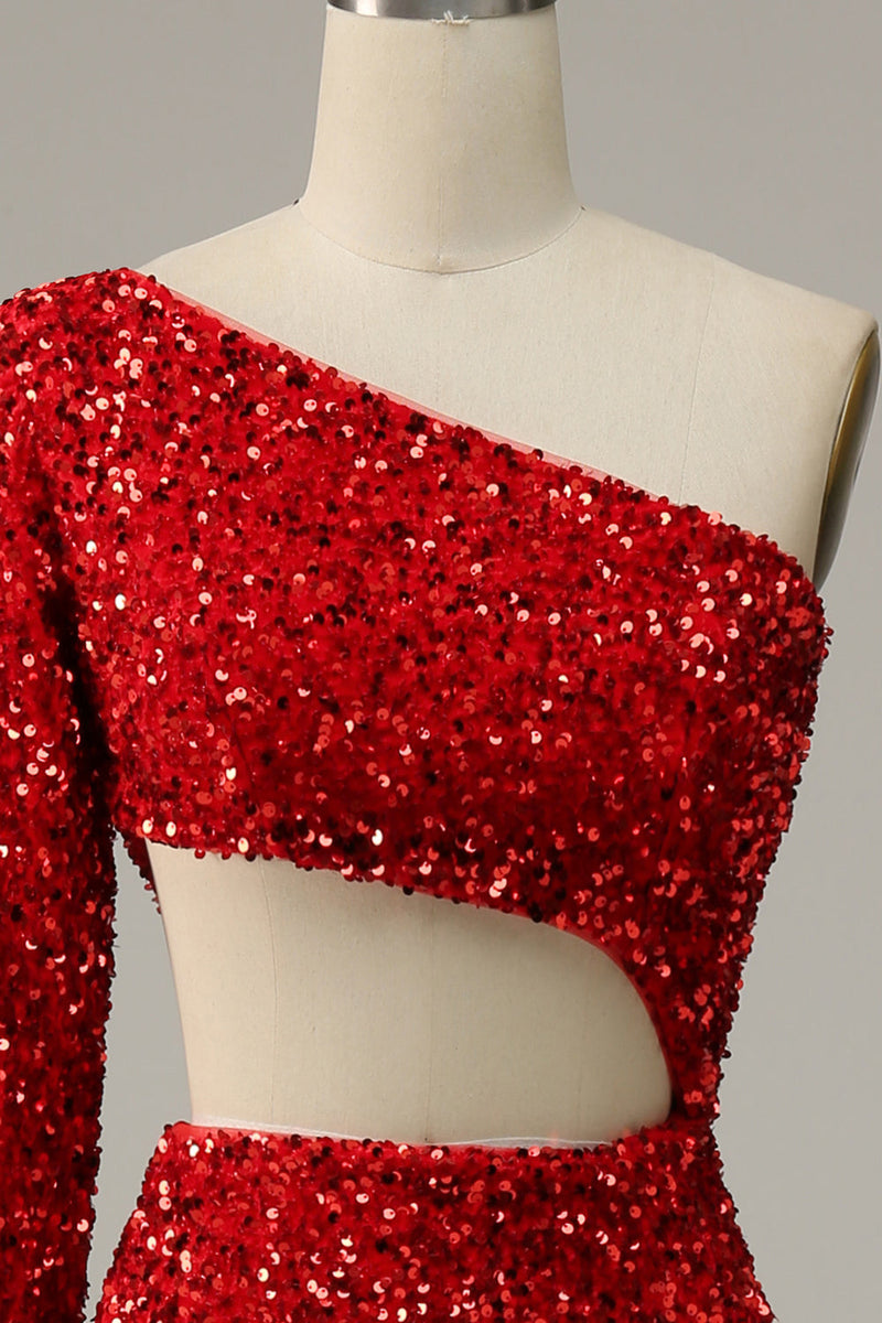 Load image into Gallery viewer, Sheath One Shoulder Red Sequins Long Formal Dress with Silt