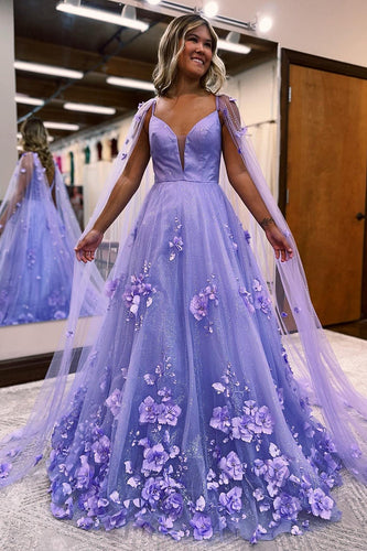 Glitter Purple A-Line Long Formal Dress with 3D Flowers
