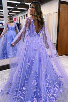 Glitter Purple A-Line Long Formal Dress with 3D Flowers