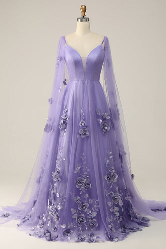 Purple Watteau Train Formal Dress With 3D Flowers