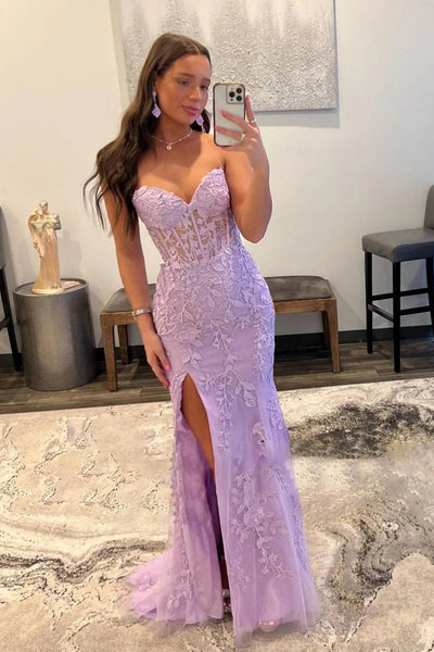 Purple Corset Sweetheart Long Lace Formal Dress with Slit