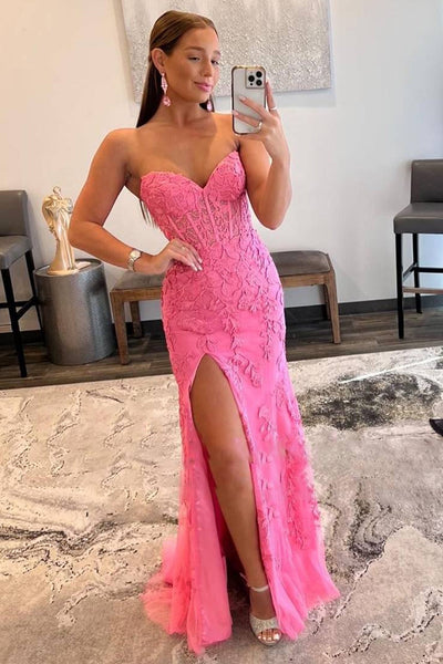 Pink Corset Sweetheart Long Lace Formal Dress with Slit