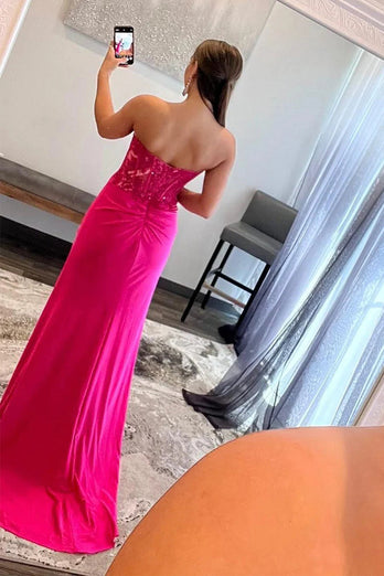 Sparkly Hot Pink Corset Long Formal Dress with Slit