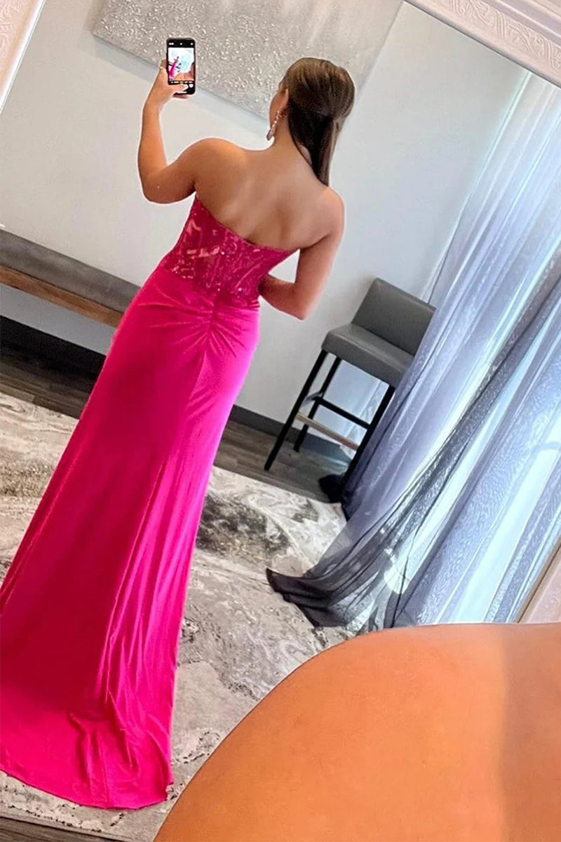 Load image into Gallery viewer, Sparkly Hot Pink Corset Long Formal Dress with Slit