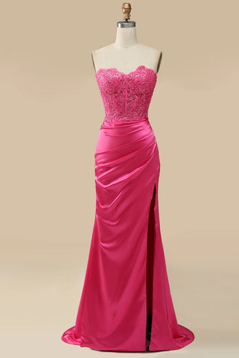 Sparkly Hot Pink Corset Long Formal Dress with Slit