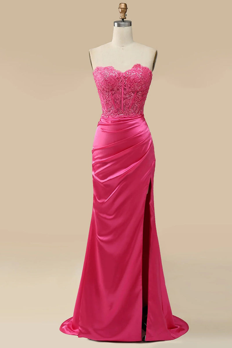 Load image into Gallery viewer, Sparkly Hot Pink Corset Long Formal Dress with Slit