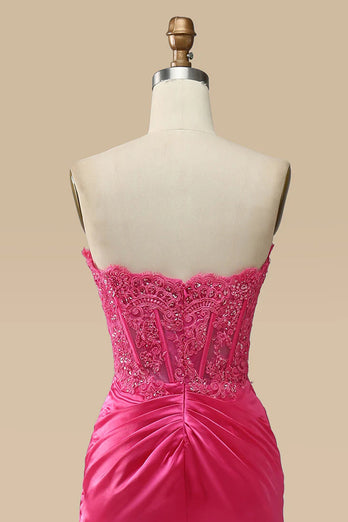 Sparkly Hot Pink Corset Long Formal Dress with Slit