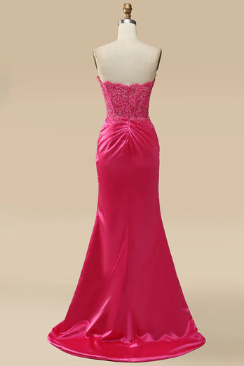 Sparkly Hot Pink Corset Long Formal Dress with Slit