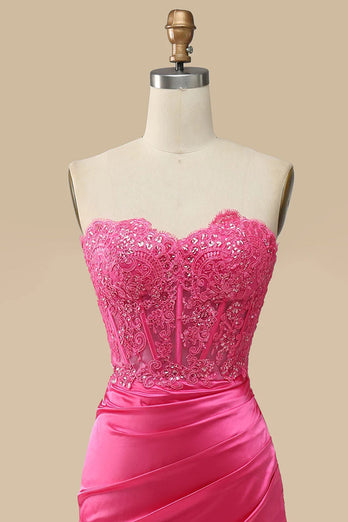 Sparkly Hot Pink Corset Long Sheath Formal Dress with Slit