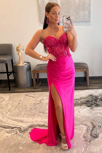 Sparkly Hot Pink Corset Long Sheath Formal Dress with Slit