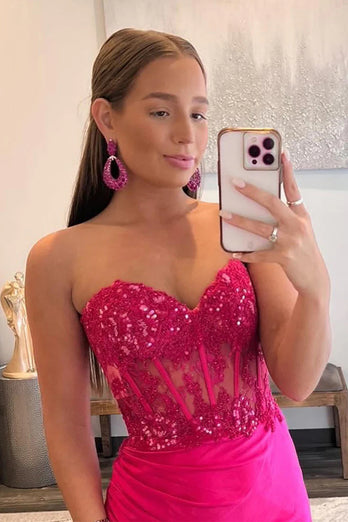 Sparkly Hot Pink Corset Long Formal Dress with Slit