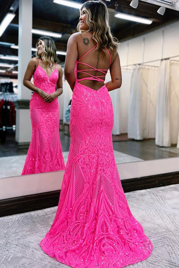 Sparkly Mermaid Backless Hot Pink Sequins Long Formal Dress