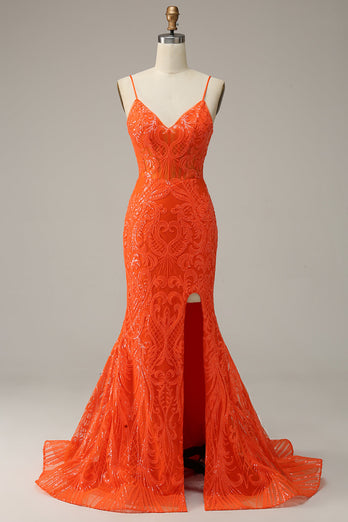 Mermaid Spaghetti Straps Orange Long Formal Dress with Slit Front