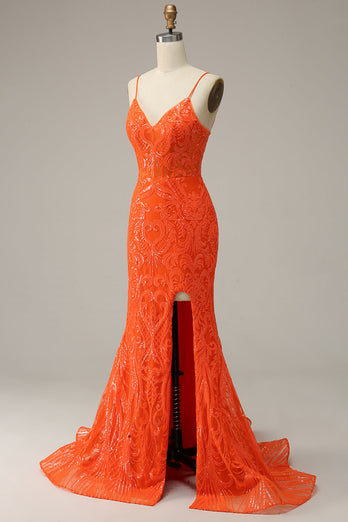 Mermaid Spaghetti Straps Orange Long Formal Dress with Slit Front