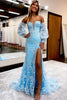 Load image into Gallery viewer, Blue Detachable Sleeves Sweetheart Lace Long Formal Dress with Slit