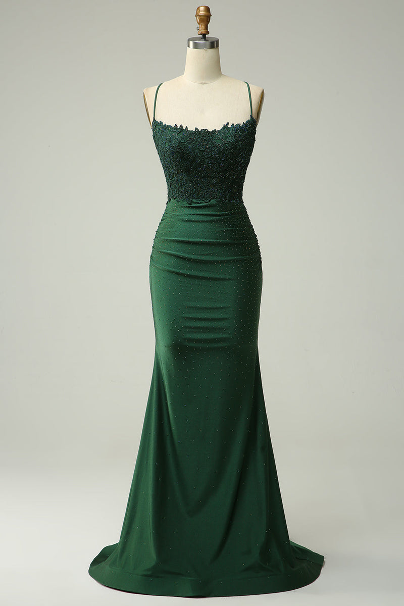 Load image into Gallery viewer, Sparkly Dark Green Beaded Long Formal Dress with Appliques