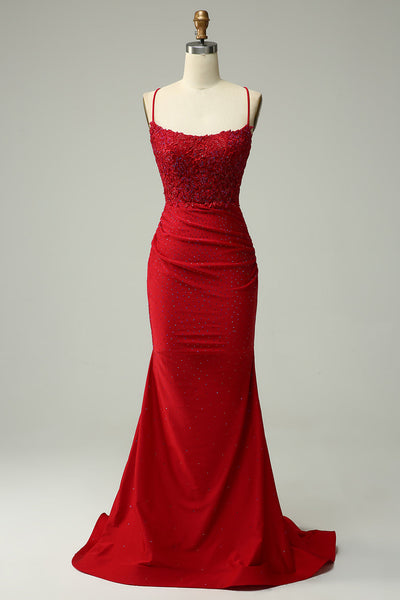 Sparkly Dark Red Beaded Long Formal Dress with Appliques