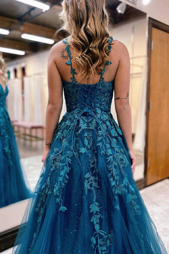 Glitter Blue Lace A-Line Long Formal Dress