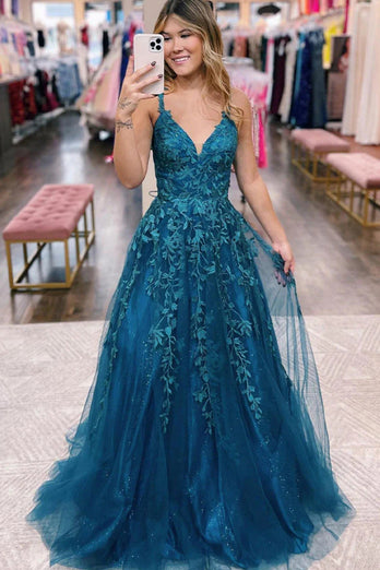 Glitter Blue Lace A-Line Long Formal Dress