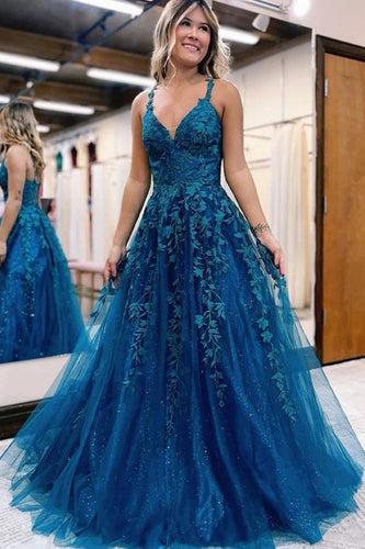 Glitter Blue Lace A-Line Long Formal Dress