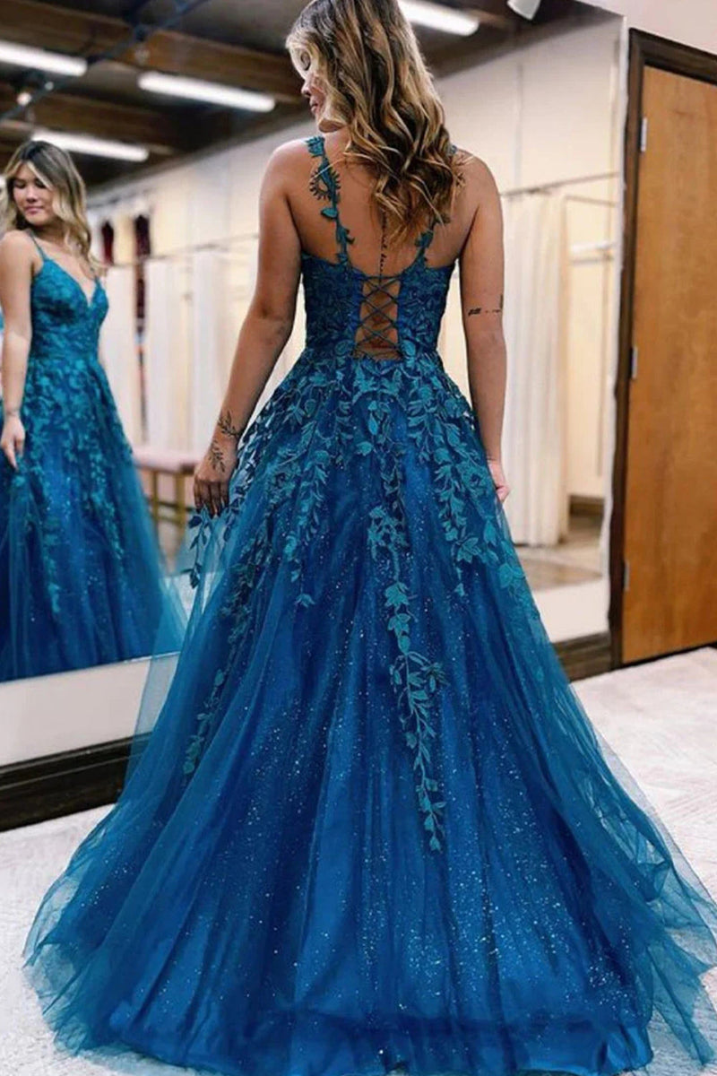 Load image into Gallery viewer, Glitter Blue Lace A-Line Long Formal Dress