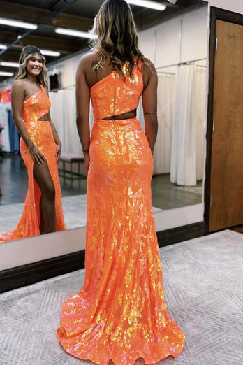 Sparkly Orange Sequin One Shoulder Long Formal Dress with Slit