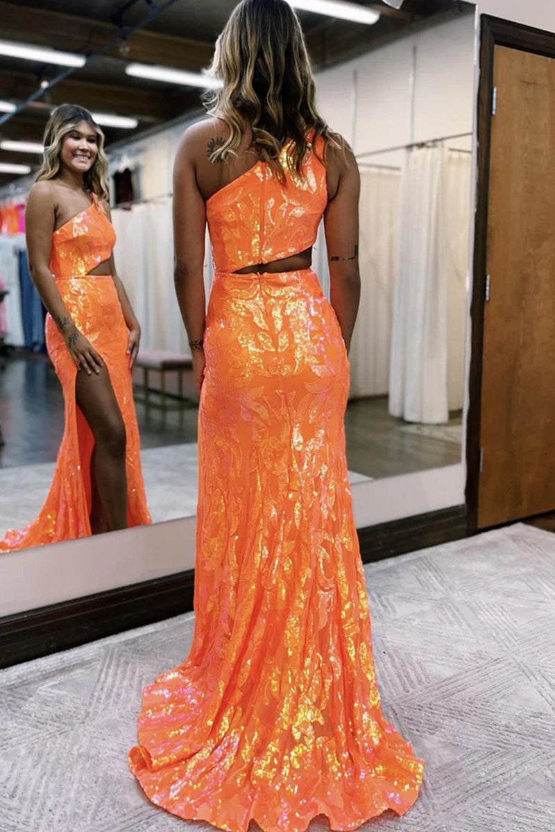 Load image into Gallery viewer, Sparkly Orange Sequin One Shoulder Long Formal Dress with Slit