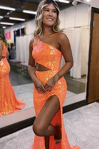 Sparkly Orange Sequin One Shoulder Long Formal Dress with Slit