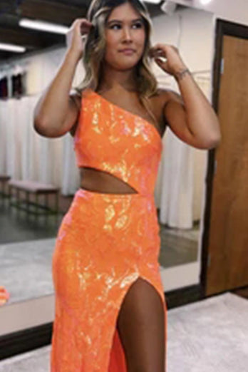 Sparkly Orange Sequin One Shoulder Long Formal Dress with Slit