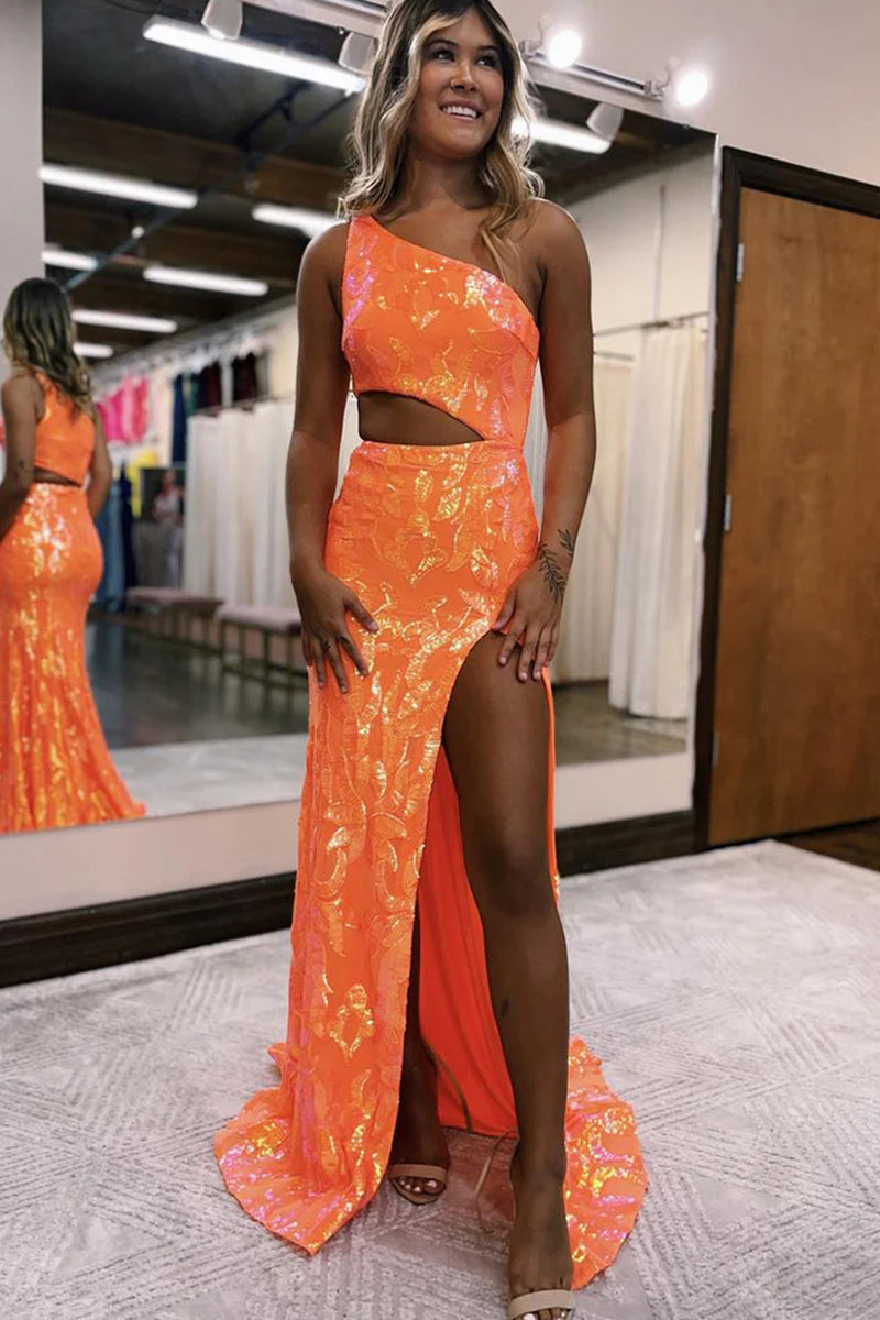 Load image into Gallery viewer, Sparkly Orange Sequin One Shoulder Long Formal Dress with Slit