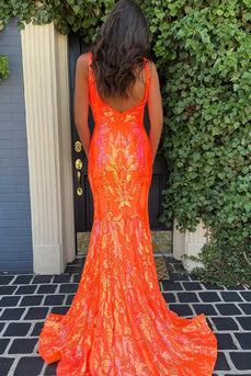 Sparkly Orange Sequin V-Neck Mermaid Long Formal Dress