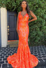 Load image into Gallery viewer, Sparkly Orange Sequin V-Neck Mermaid Long Formal Dress