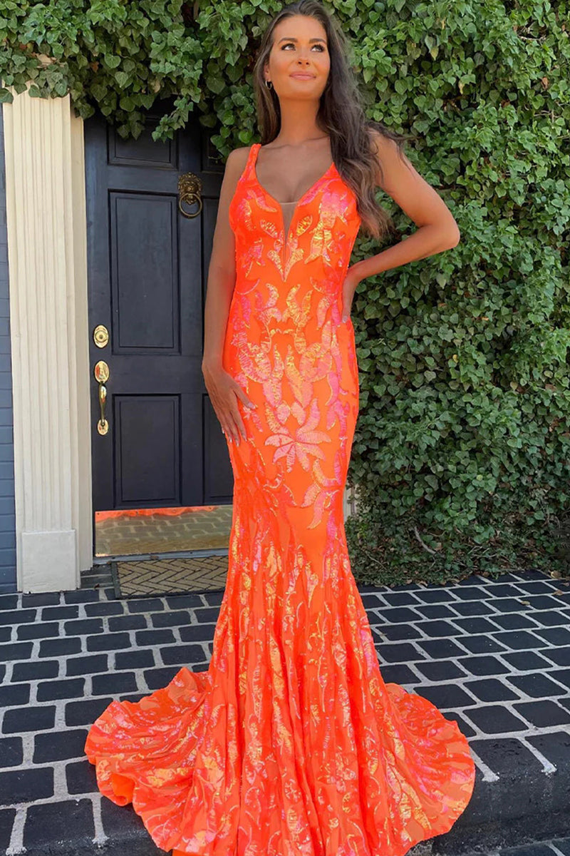 Load image into Gallery viewer, Sparkly Orange Sequin V-Neck Mermaid Long Formal Dress