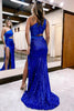 Load image into Gallery viewer, Sparkly Royal Blue One Shoulder Sequins Formal Dress with 3D Flowers