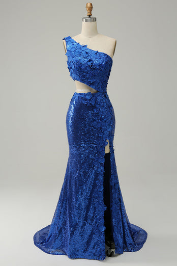 Sparkly Royal Blue One Shoulder Sequins Formal Dress with 3D Flowers