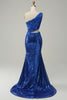 Load image into Gallery viewer, Sparkly Royal Blue One Shoulder Sequins Formal Dress with 3D Flowers