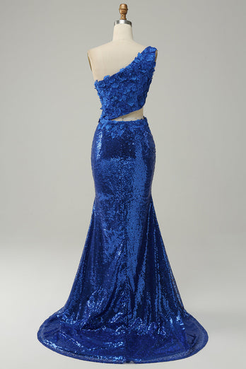 Sparkly Royal Blue One Shoulder Sequins Formal Dress with 3D Flowers