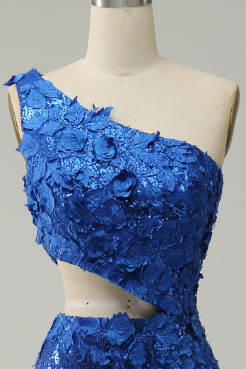 Sparkly Royal Blue One Shoulder Sequins Formal Dress with 3D Flowers