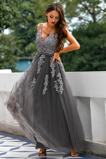 A-Line Grey Long Formal Dress with Appliques